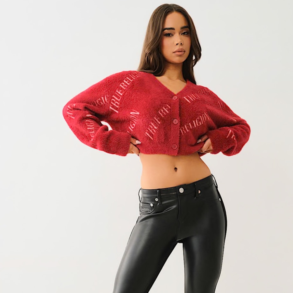 FUZZY LOGO CROP CARDIGAN SWEATER